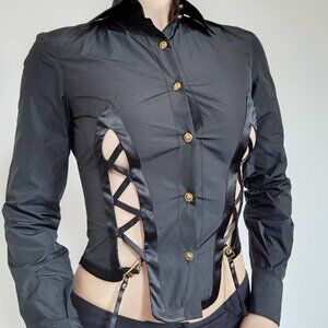 Versace jeans black lace up button up shirt with gold toned buttons  ✦ 80s / 90s